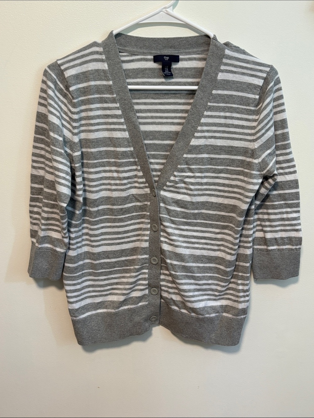 GAP Gray and White Striped V-Neck Button Cardigan